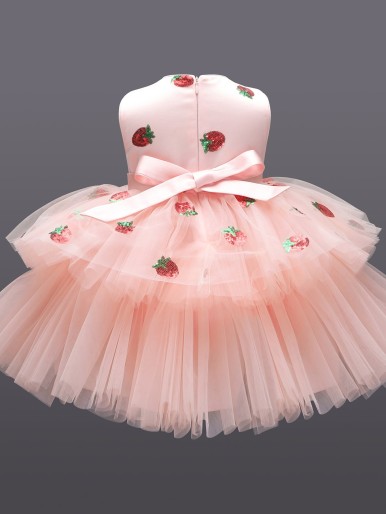 Baby Sequin Insert Strawberry Pattern Bow Front Mesh Gown Dress