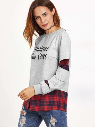 Letter Print Dropped Shoulders Plaid Lining Ripped Sweatshirt