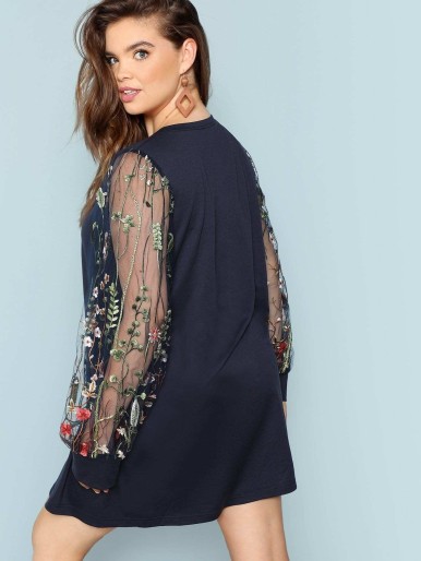 Plus Contrast Flower Embroidery Mesh Sleeve Longline Sweatshirt