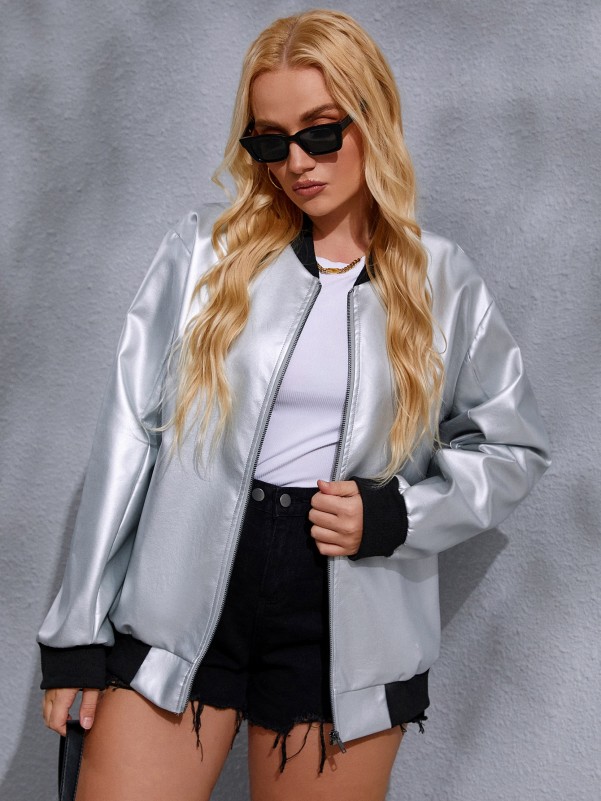 Plus Zip Front PU Bomber Jacket