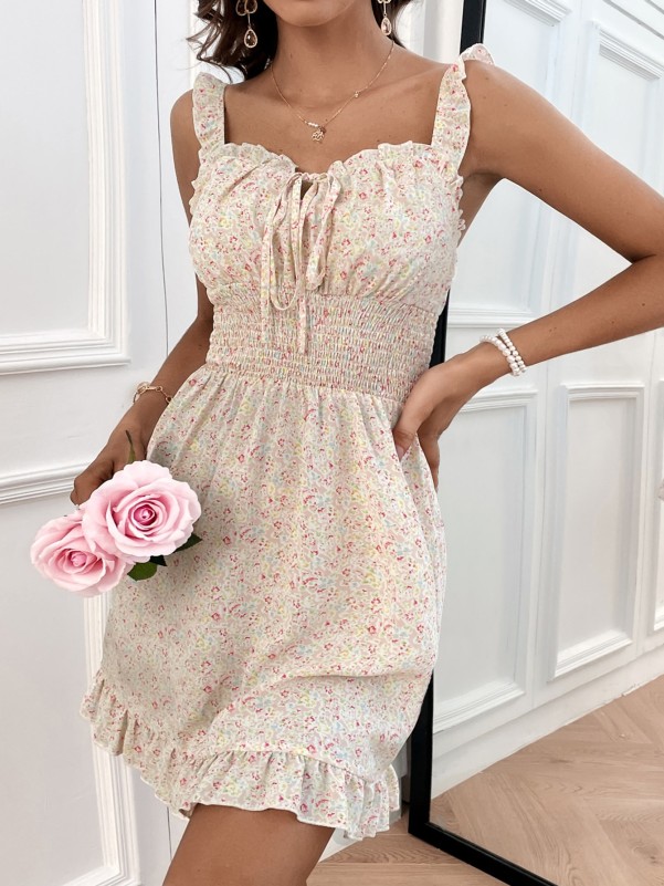 Frill Trim Tie Front Ditsy Floral Dress
