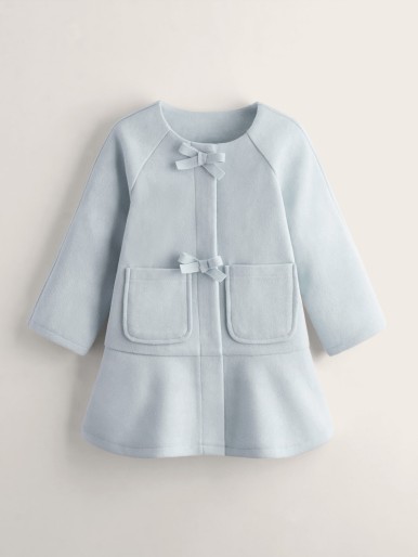 Toddler Girls Raglan Sleeve Double Pocket Bow Ruffle Hem Wool-Mix Coat