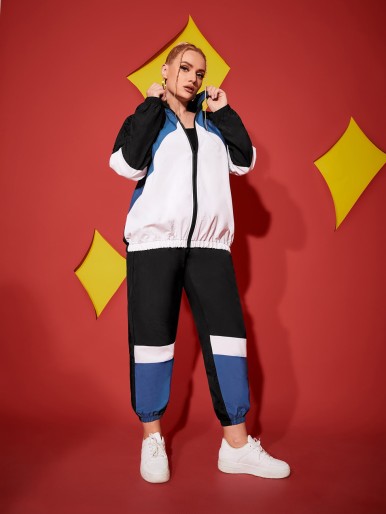 Plus Color Block Sports Jacket & Sports Pants