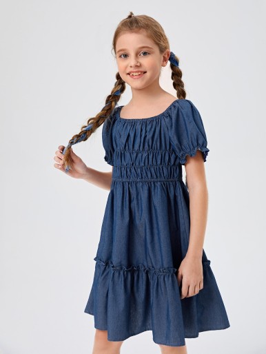 Girls Ruched Puff Sleeve Ruffle Hem Denim Dress