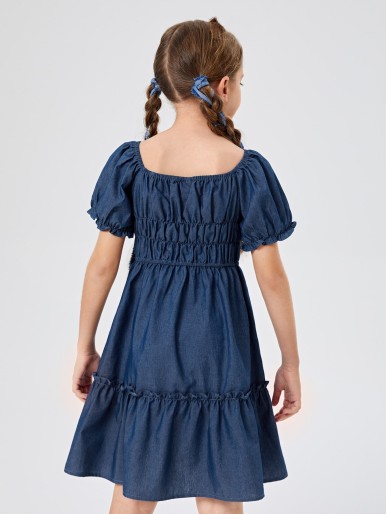 Girls Ruched Puff Sleeve Ruffle Hem Denim Dress