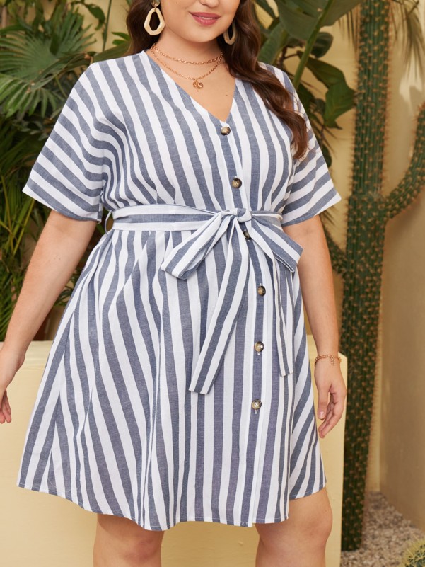 SHEIN Maternity Batwing Sleeve Self Belted Striped Dress