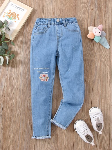 Toddler Girls Slogan Graphic Raw Hem Jeans