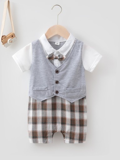 Baby 2 In 1 Plaid Bow Front Shirt Romper