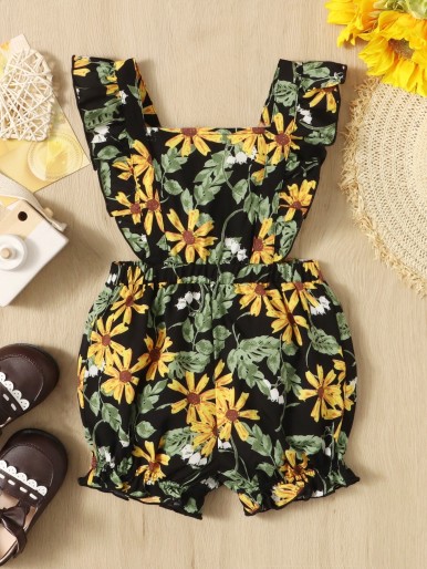 SHEIN Baby Floral Print Ruffle Trim Romper