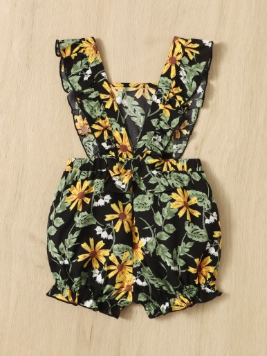 SHEIN Baby Floral Print Ruffle Trim Romper