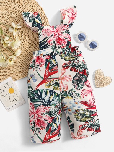 SHEIN Baby Tropical Print Butterfly Sleeve Jumpsuit