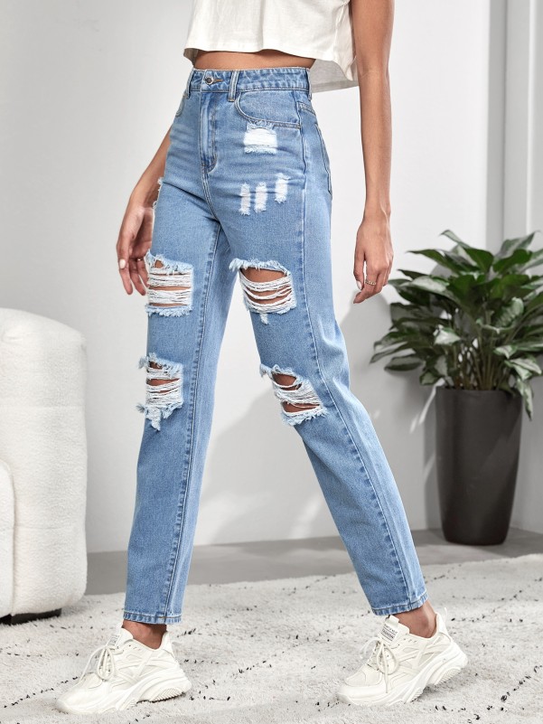 SHEIN Tall High Waist Ripped Frayed Mom Jeans