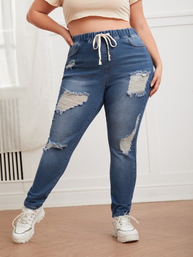 SHEIN Plus Drawstring Waist Ripped Skinny Jeans