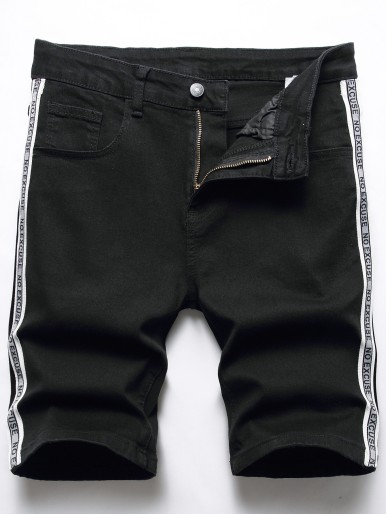 Men Letter Tape Side Denim Shorts