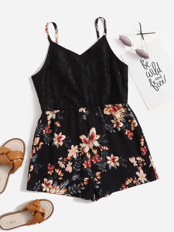 SHEIN Girls Floral Print Contrast Lace Cami Romper