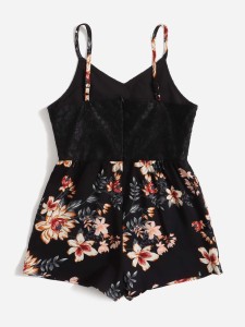 SHEIN Girls Floral Print Contrast Lace Cami Romper