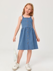 Girls Button Front Cami Denim Dress