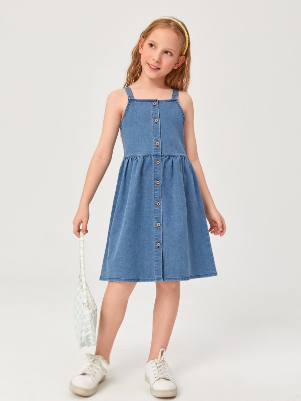 Girls Button Front Cami Denim Dress