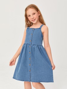 Girls Button Front Cami Denim Dress