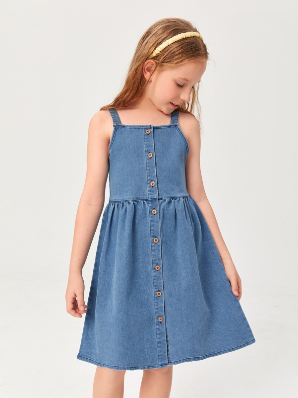 Girls Button Front Cami Denim Dress