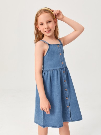 Girls Button Front Cami Denim Dress