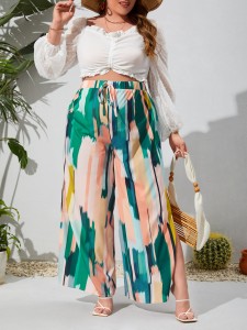 SHEIN Maternity Brush Print Tie Waist Split Thigh Wide Leg Pants