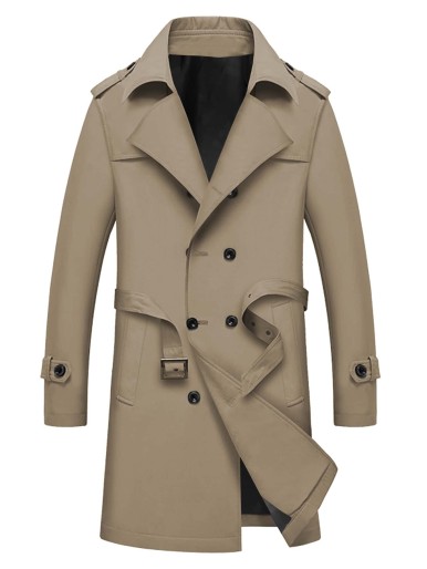 Men Double Breasted Slant Pockets Belted Trench Coat