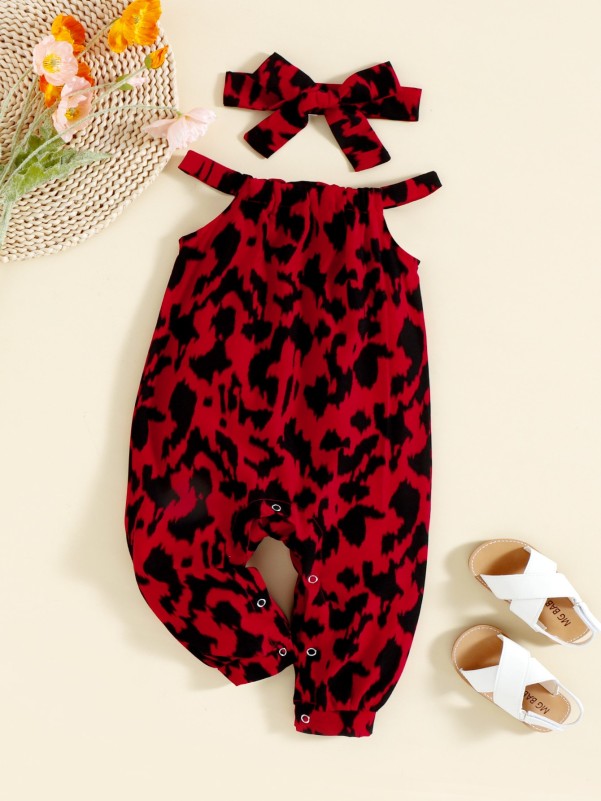 Baby Allover Print Jumpsuit & Headband