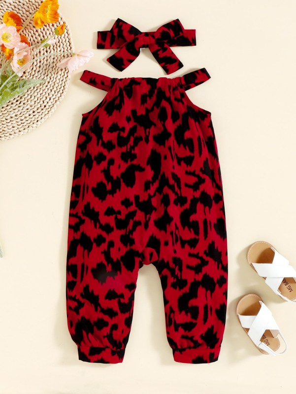 Baby Allover Print Jumpsuit & Headband