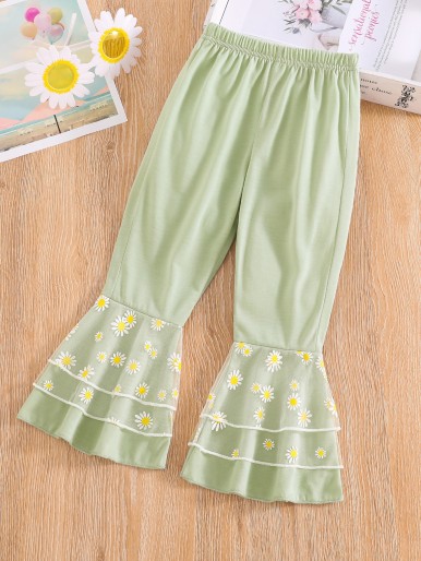 Toddler Girls Contrast Floral Print Mesh Flare Leg Pants