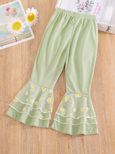 Toddler Girls Contrast Floral Print Mesh Flare Leg Pants