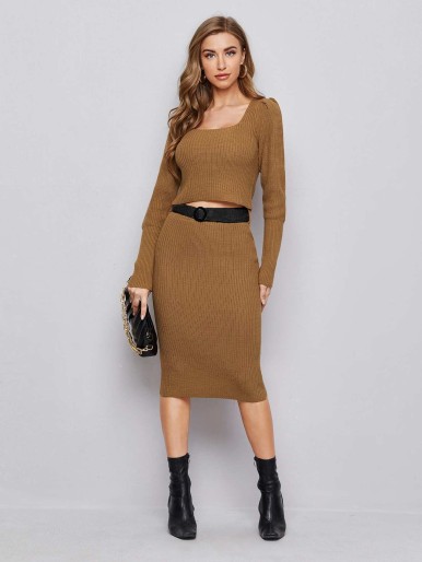 Puff Sleeve Crop Sweater & Belted Skirt Set