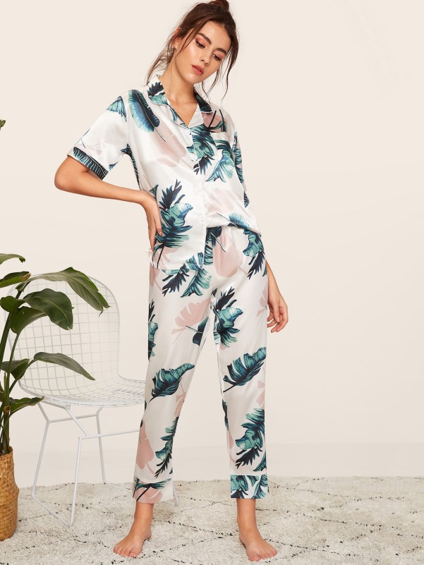 Tropical Print Satin Pajama Set