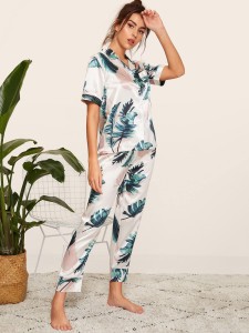 Tropical Print Satin Pajama Set