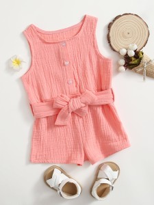 Baby Girl Button Front Self Tie Tank Romper