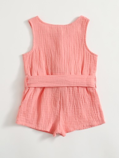 Baby Girl Button Front Self Tie Tank Romper