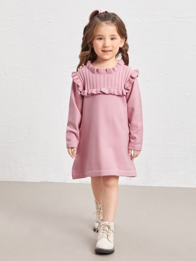 Toddler Girls Frill Trim Solid Sweater Dress