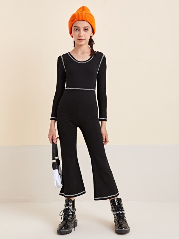 Girls Contrast Stitch Flare Leg Jumpsuit