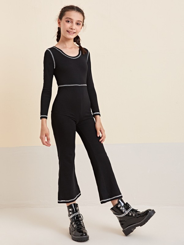 Girls Contrast Stitch Flare Leg Jumpsuit