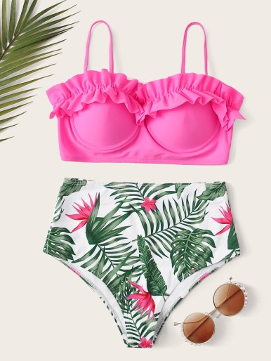 Tropical Ruffle Underwire High Waisted Bikini Swimsuit