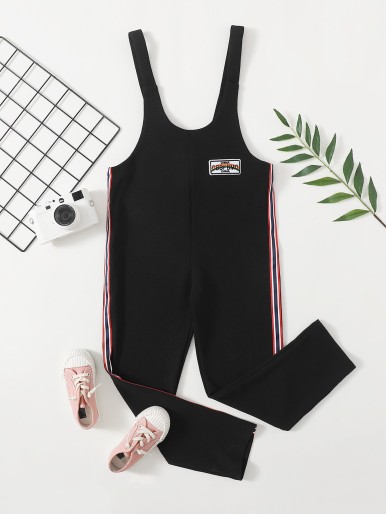 Girls Side Stripe Letter Patched Overalls