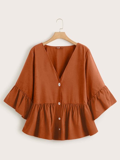 Plus Button Front Ruffle Cuff Peplum Blouse