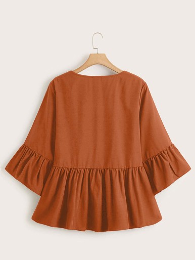 Plus Button Front Ruffle Cuff Peplum Blouse