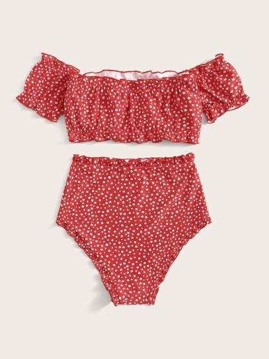 Ditsy Floral Frill Trim Bardot Bikini Swimsuit