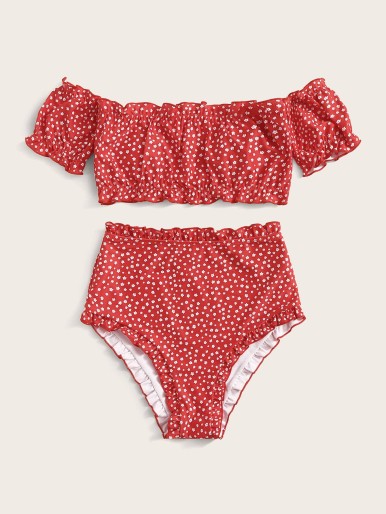 Ditsy Floral Frill Trim Bardot Bikini Swimsuit