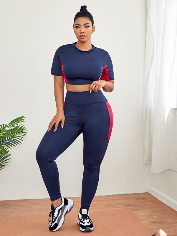 Plus Colorblock Top & Pocket Leggings Sports Set