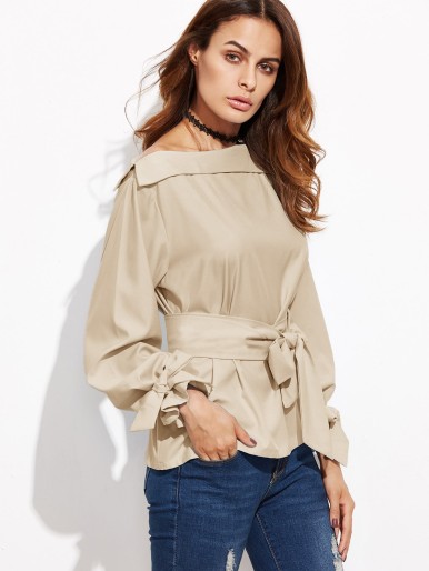 Foldover Neck Belted Bow Tie Sleeve Blouse