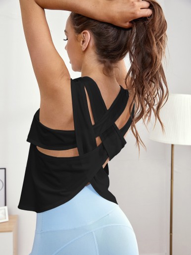 Criss Cross Back Solid Sports Tank Top