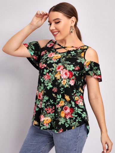 Plus Crisscross Cold Shoulder Floral Tee