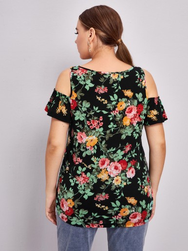 Plus Crisscross Cold Shoulder Floral Tee